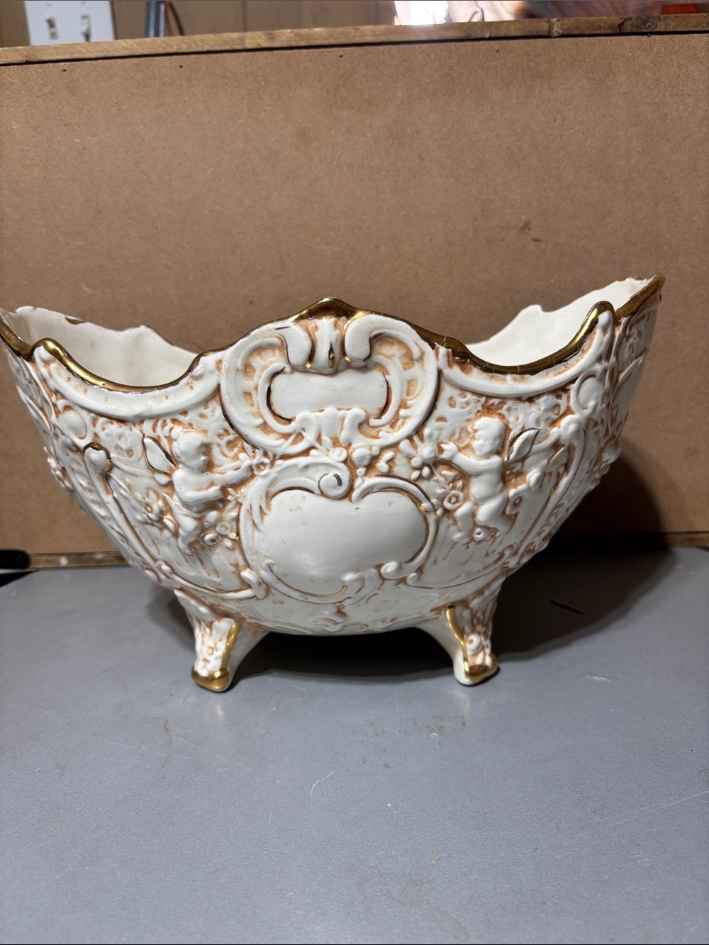 Ornate White Ceramic Decorative Bowl with Gold Trim